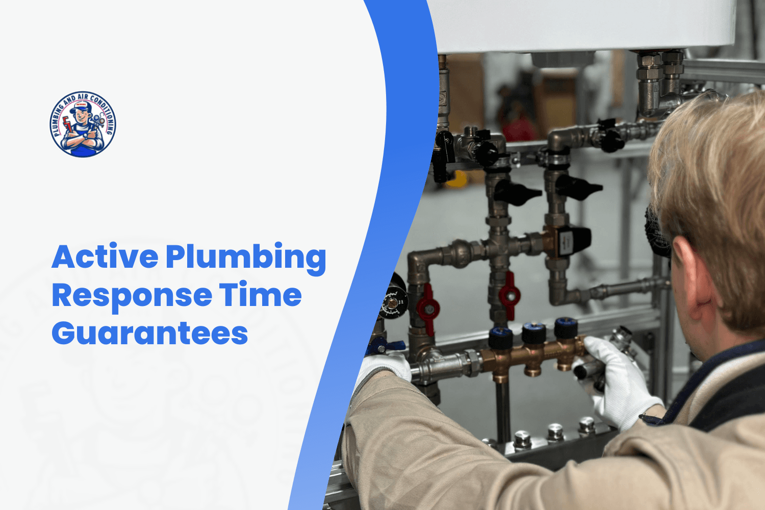 Plumber in white gloves adjusting complex pipe manifold system for fast response plumbing service