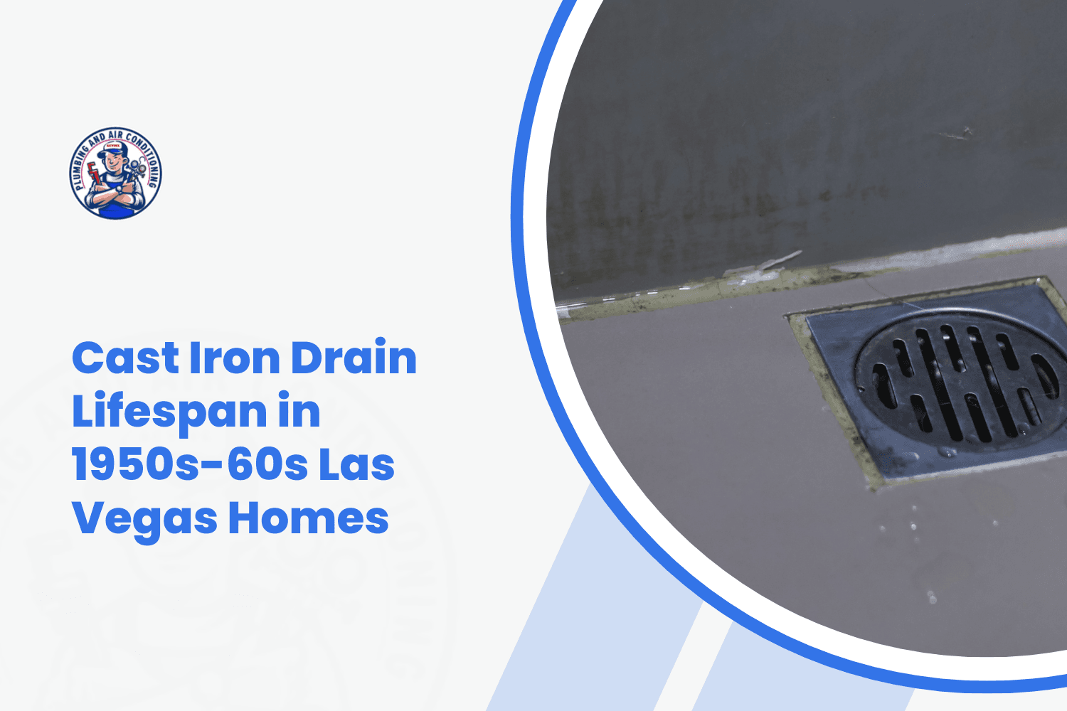 Cast iron floor drain in aging 1950s Las Vegas home showing wear and moisture