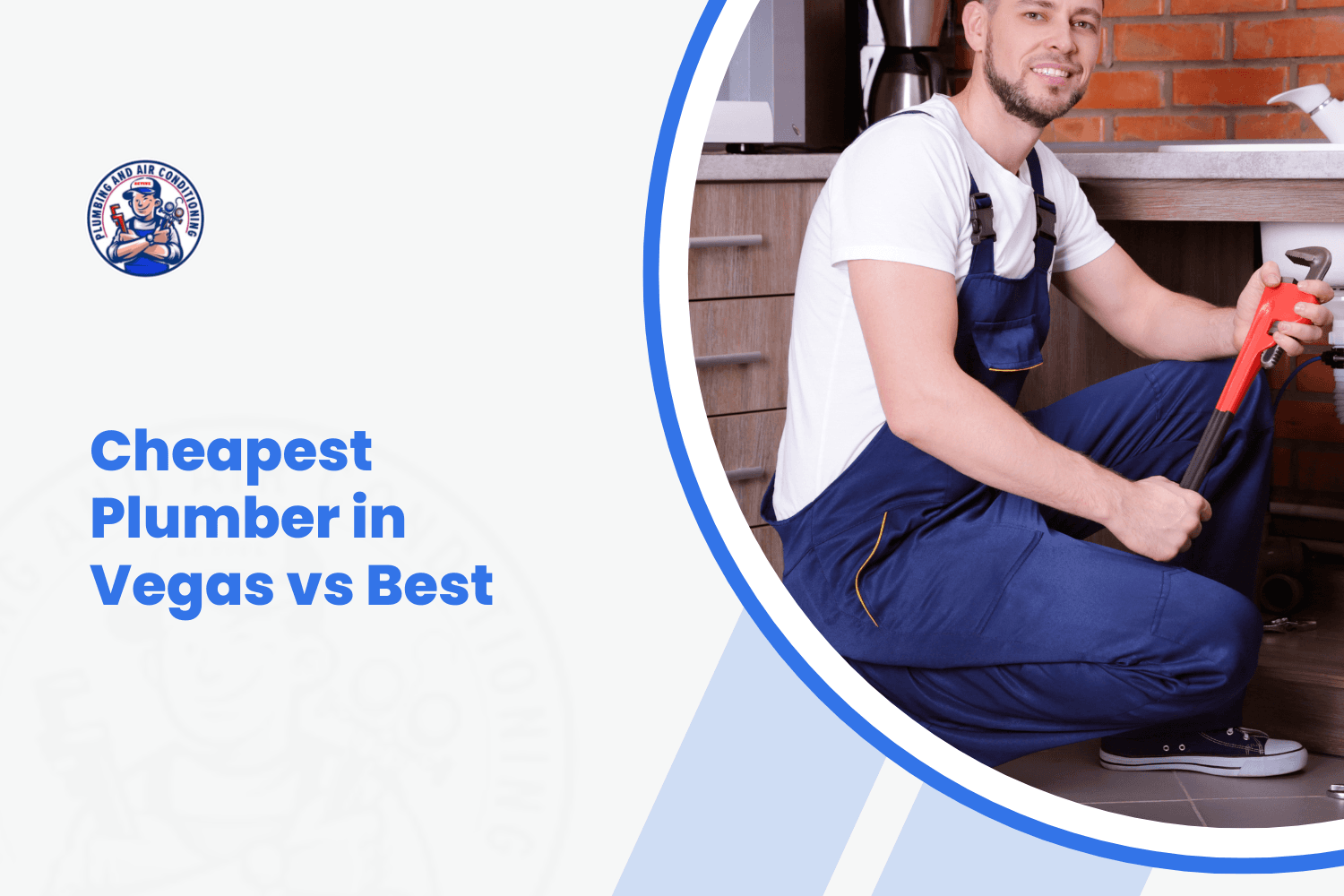 Smiling plumber in overalls using pipe wrench under kitchen sink cabinet