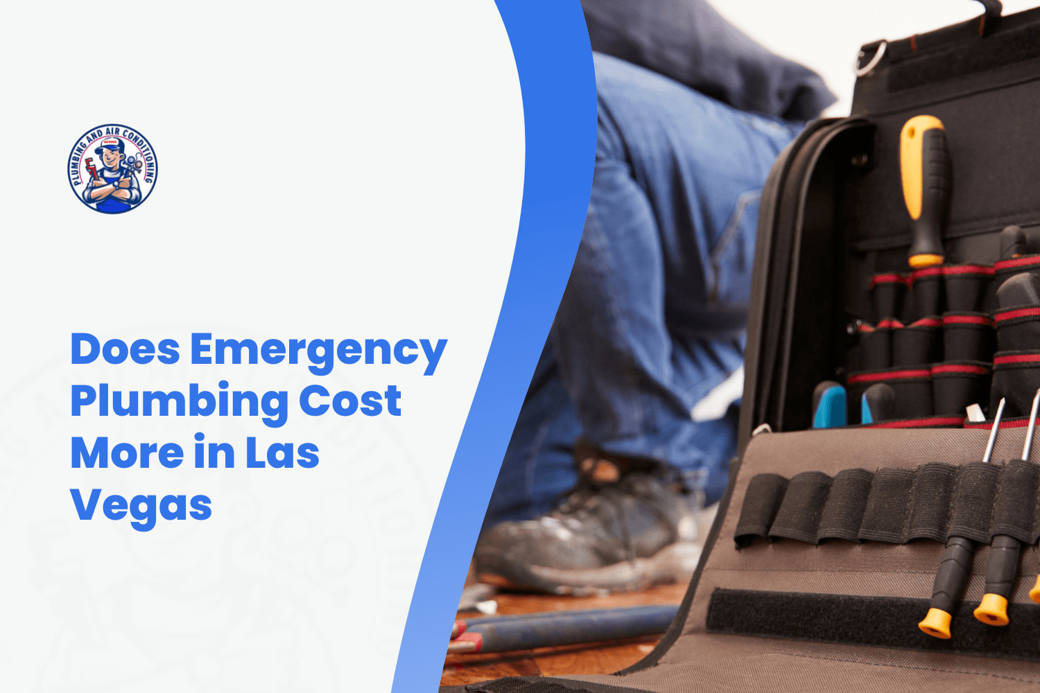 Plumber kneeling with open tool bag containing screwdrivers for emergency plumbing repair