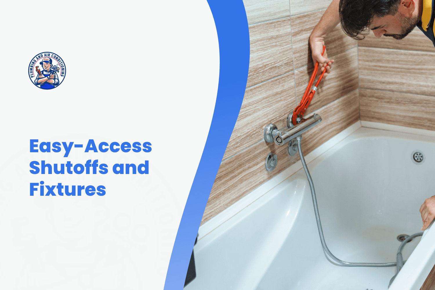 Plumber using red pipe wrench to install bathtub faucet fixture and shutoff valves