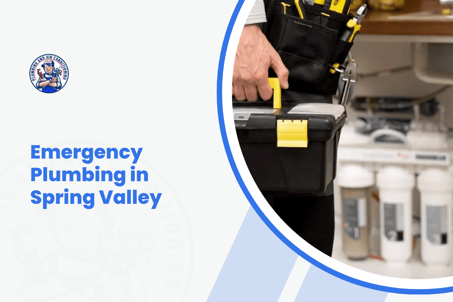 Emergency plumber carrying toolbox with tool belt near water filtration system