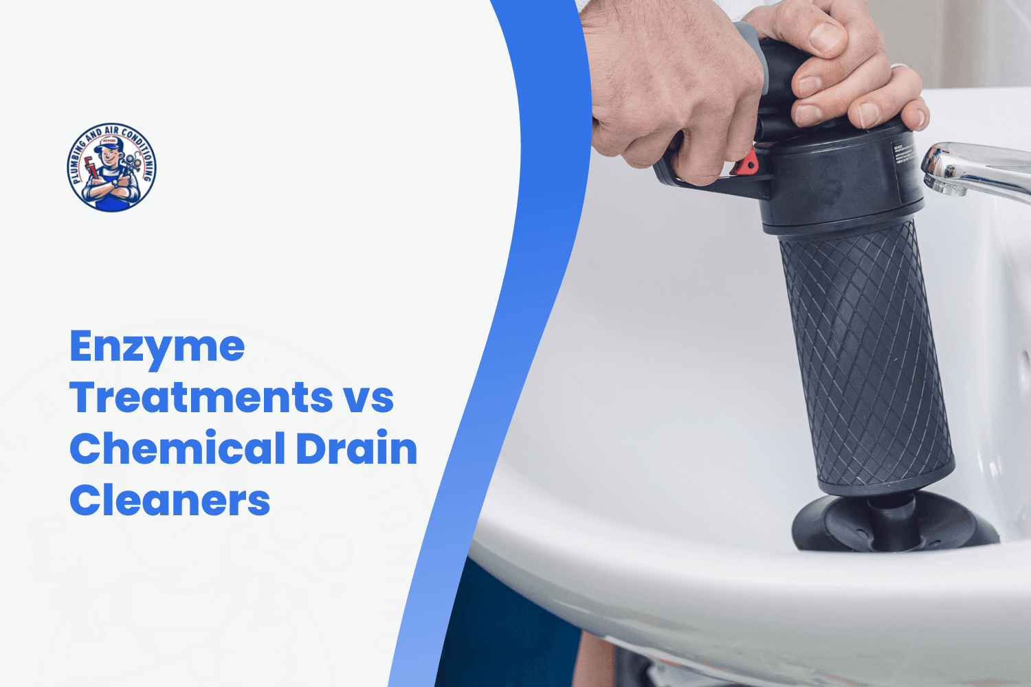 Plumber using pneumatic drain blaster tool on clogged bathroom sink drain