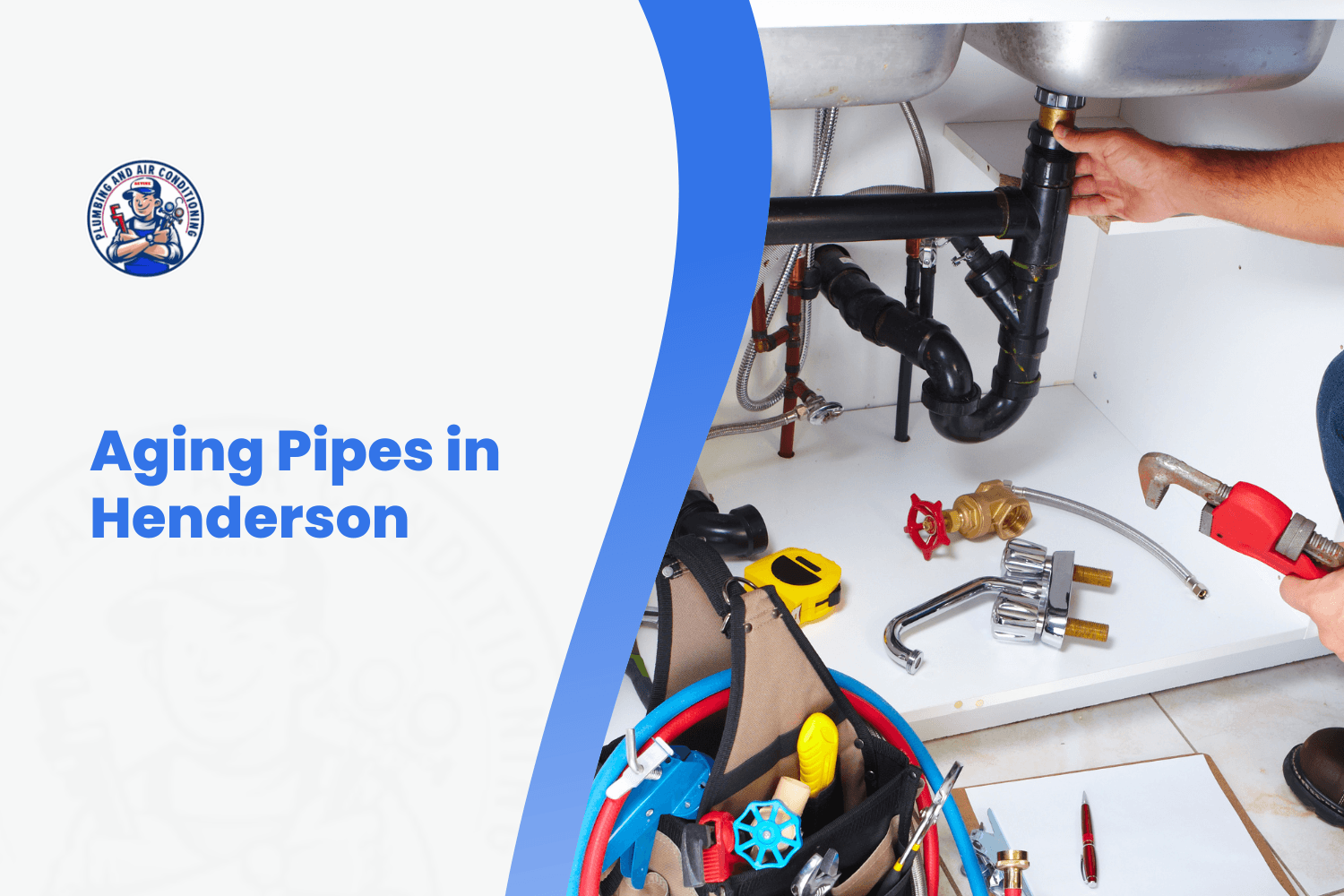Plumber repairing aging pipes under sink with tools in Henderson home