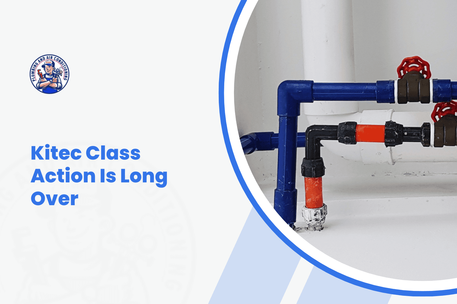 Blue and orange Kitec plumbing pipes with red ball valves mounted on white wall
