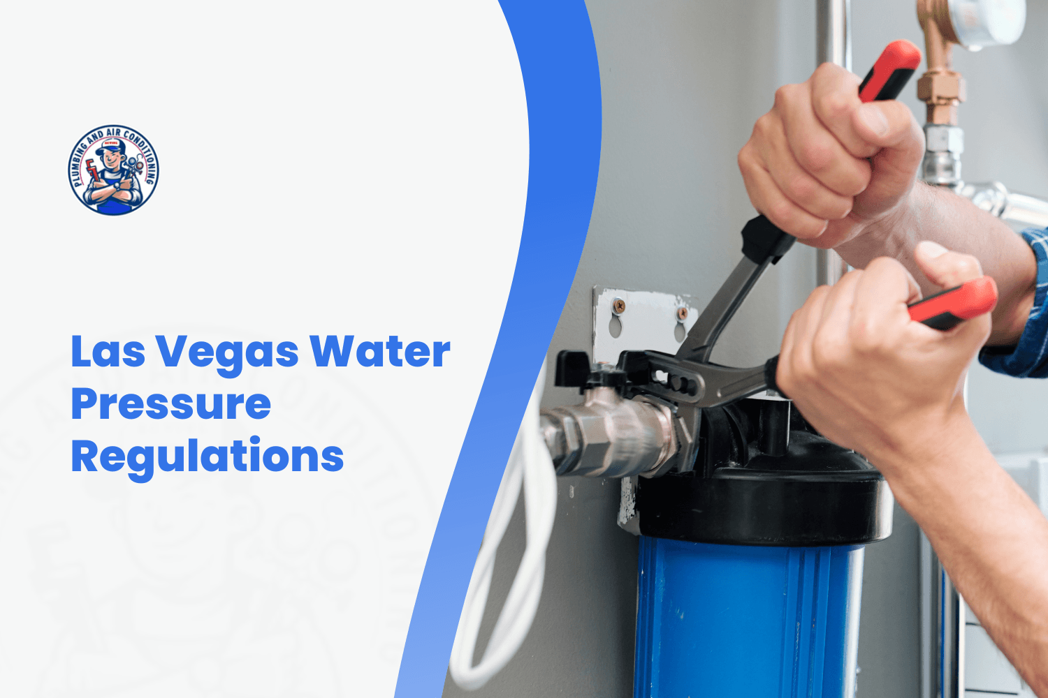 Plumber installing a pressure reducing valve on a blue whole-house water filter system