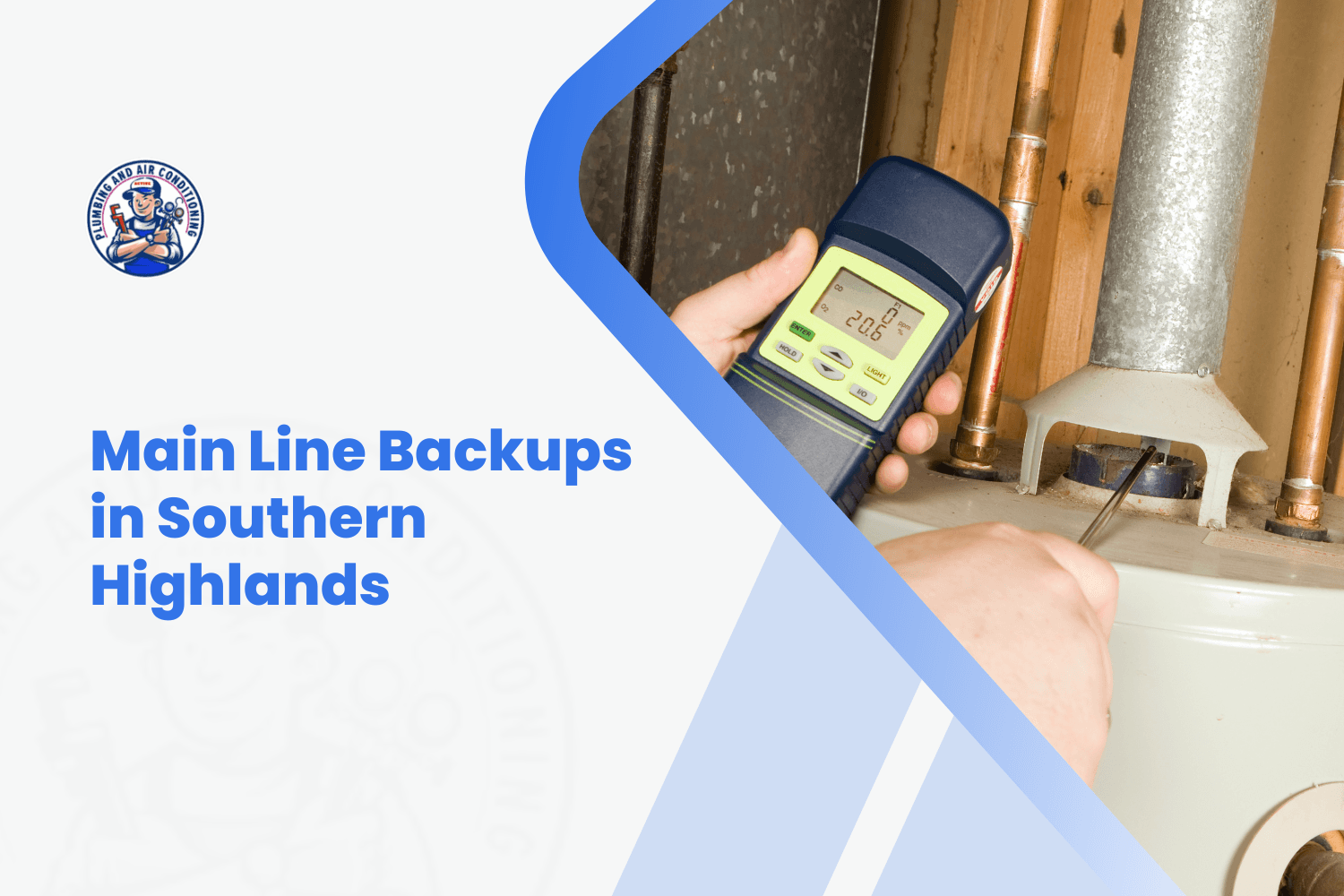 Plumber using digital meter to inspect pipes during main line backup diagnosis