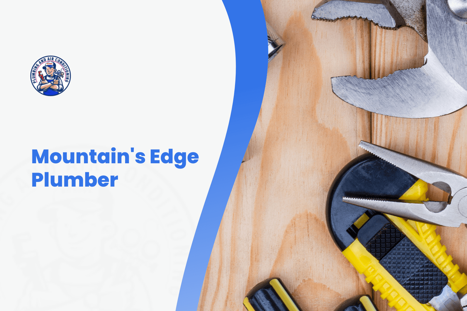 Mountain's Edge Plumber logo with wrenches, pliers, and hammer on wood surface