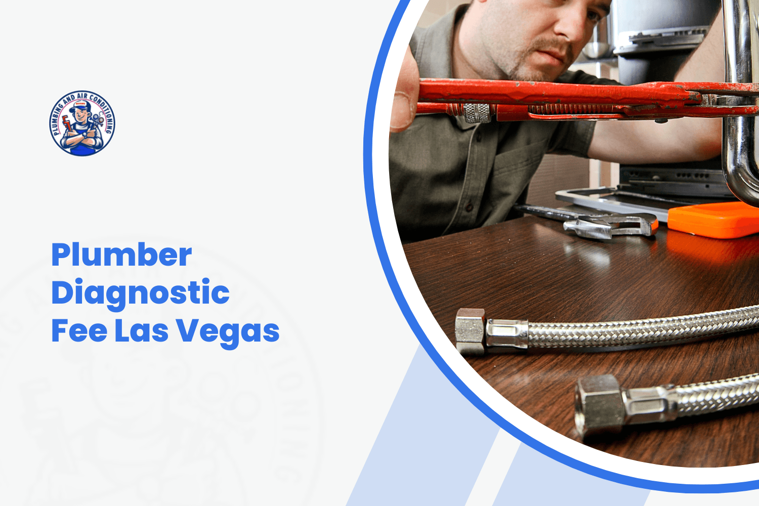 Plumber using red pipe wrench on chrome fittings with braided hoses nearby