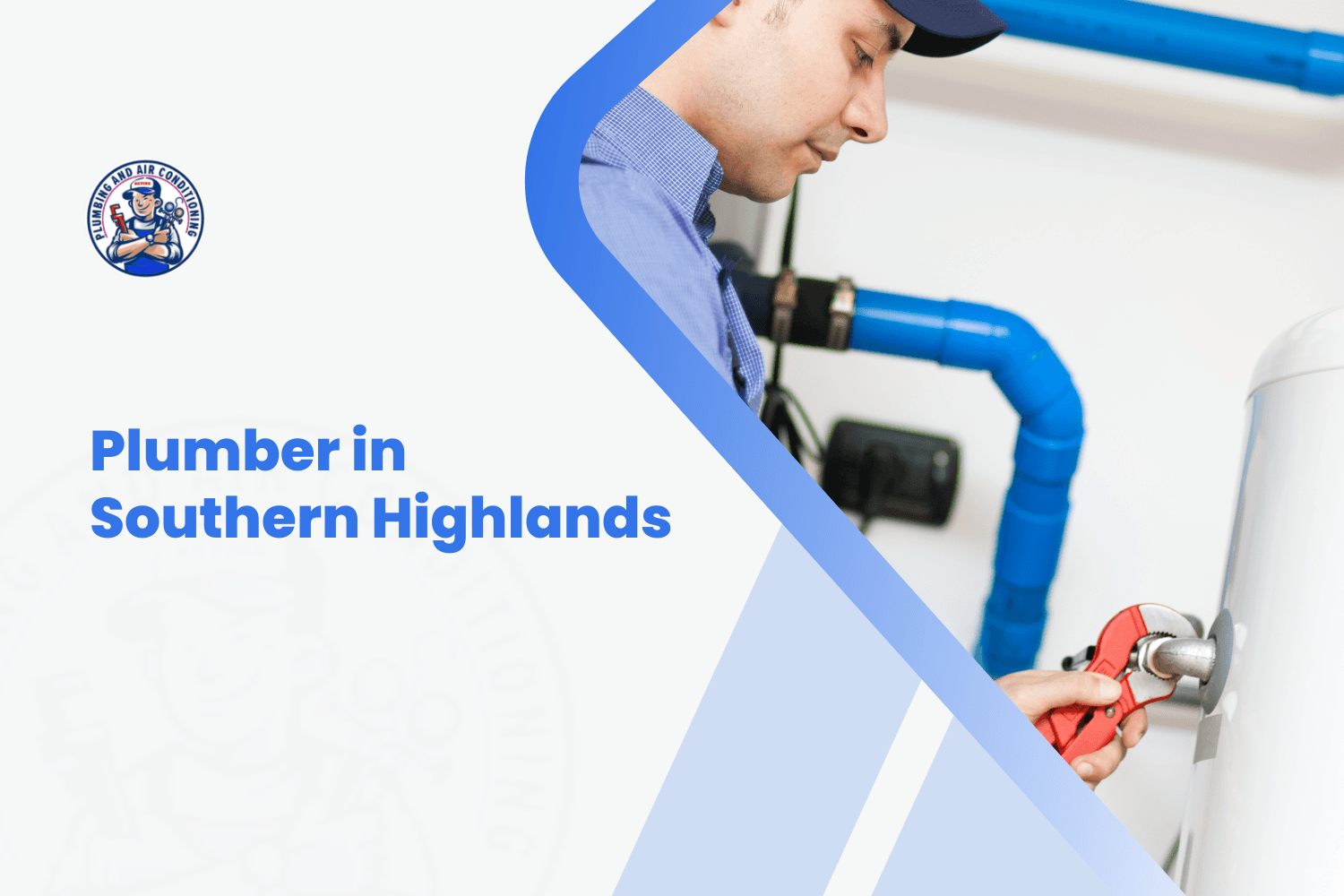 Professional plumber using pipe cutter on water heater with blue pipes Southern Highlands