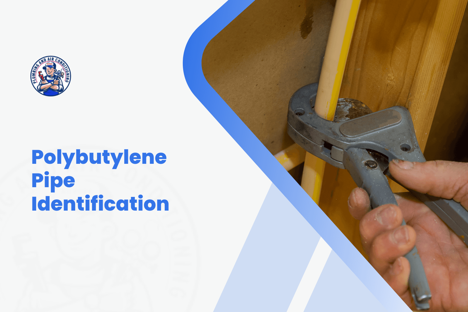 Plumber cutting polybutylene pipe with pipe cutter tool inside wooden cabinet