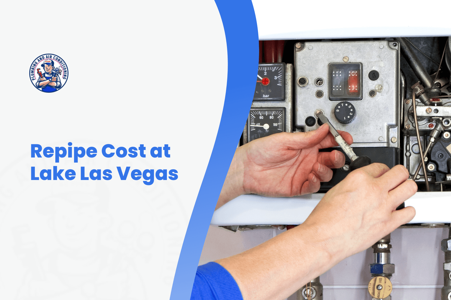 Plumber adjusting boiler controls during home repiping service at Lake Las Vegas