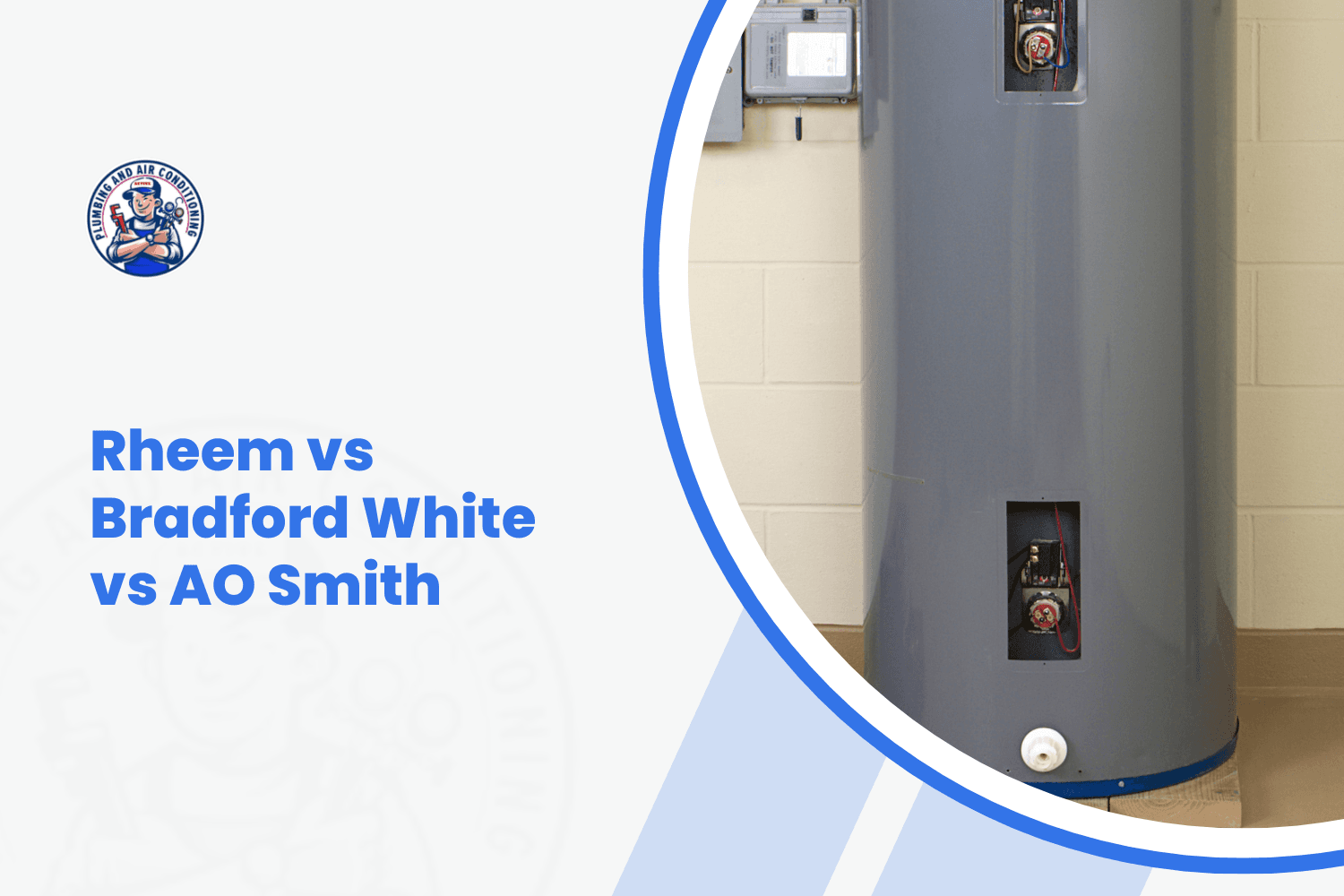 Rheem Bradford White AO Smith water heater comparison showing gray electric tank unit