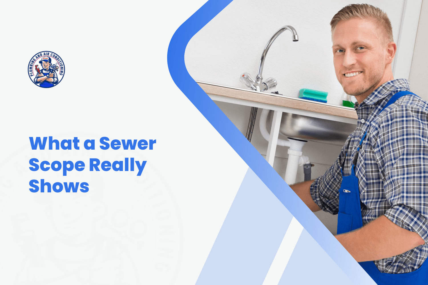 Smiling plumber in blue overalls kneeling beside kitchen sink pipes