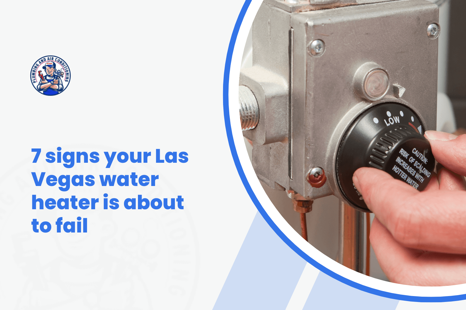 Hand adjusting water heater thermostat dial with scalding caution warning label