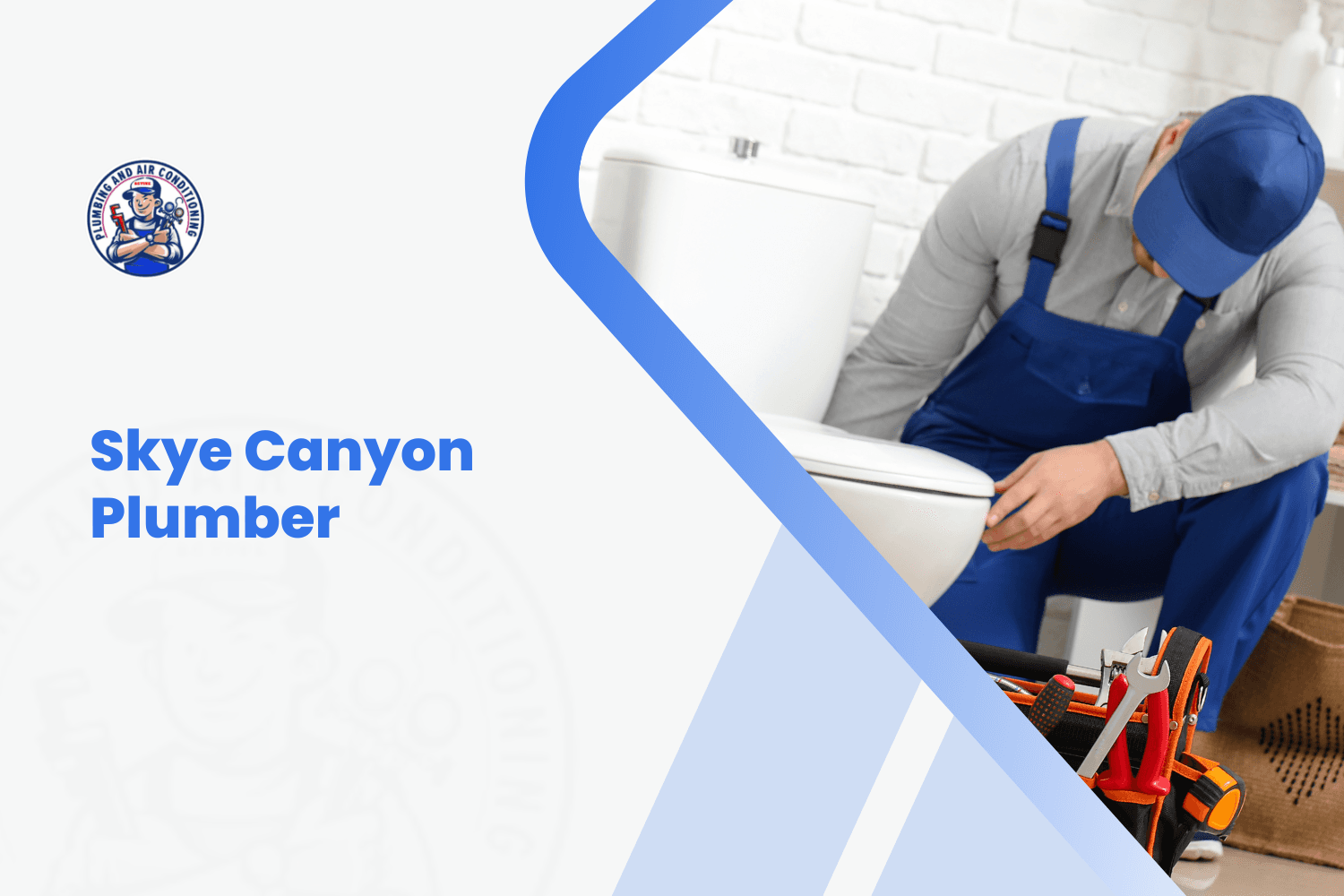 Skye Canyon plumber in blue overalls repairing toilet with tools nearby