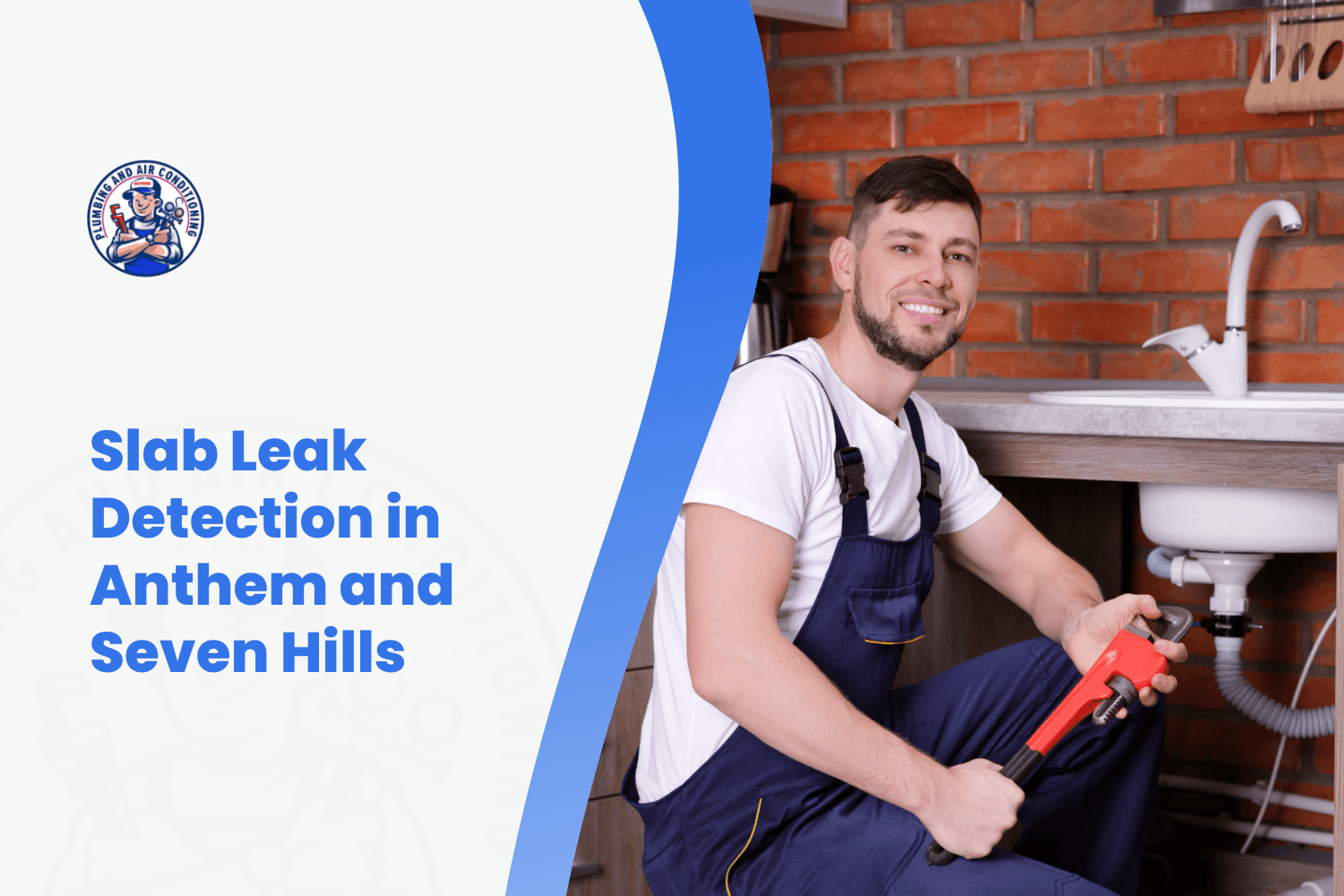 Smiling plumber holding pipe wrench while working under kitchen sink