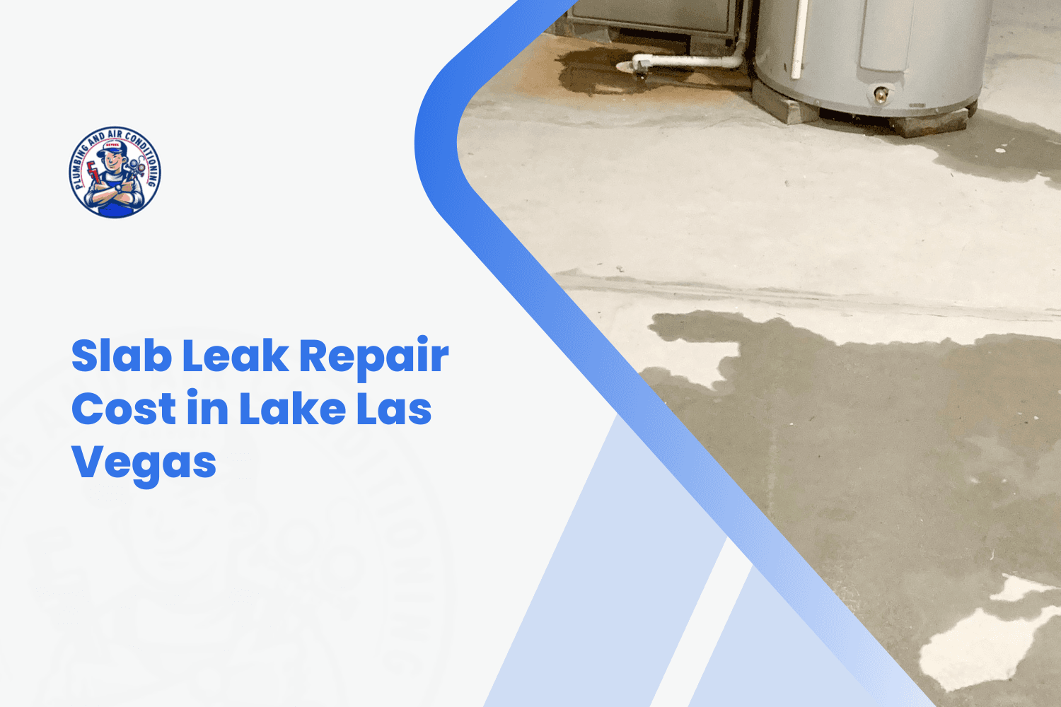 Wet concrete floor with water pooling near water heater showing slab leak damage