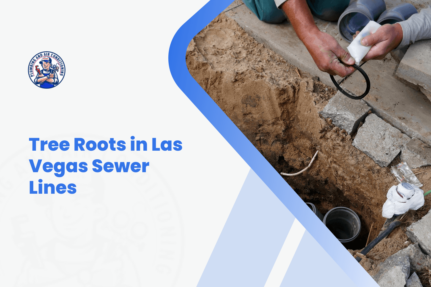 Plumber repairing underground sewer line pipe in excavated trench Las Vegas