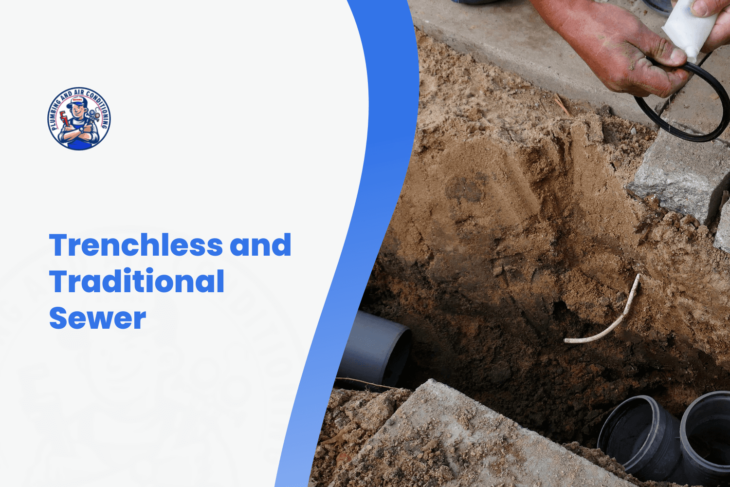 Plumber installing sewer pipes in an excavated trench during traditional sewer repair