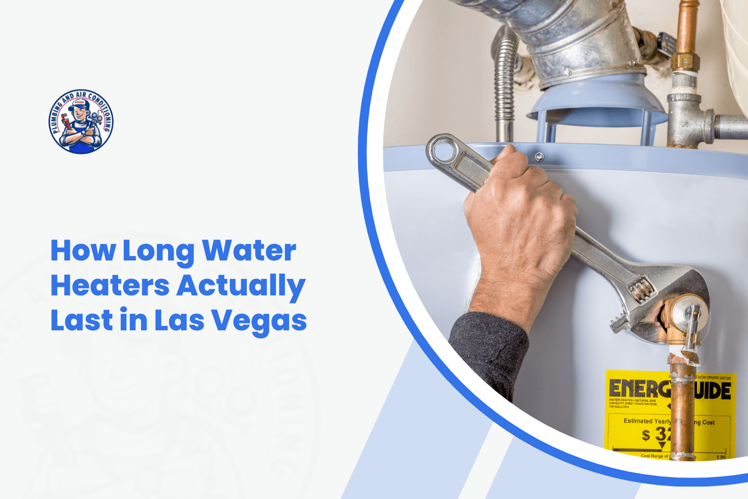 Plumber using wrench to service water heater with EnergyGuide label visible