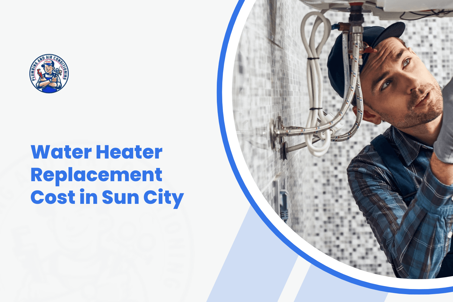 Plumber inspecting water heater pipes and connections during replacement in Sun City home