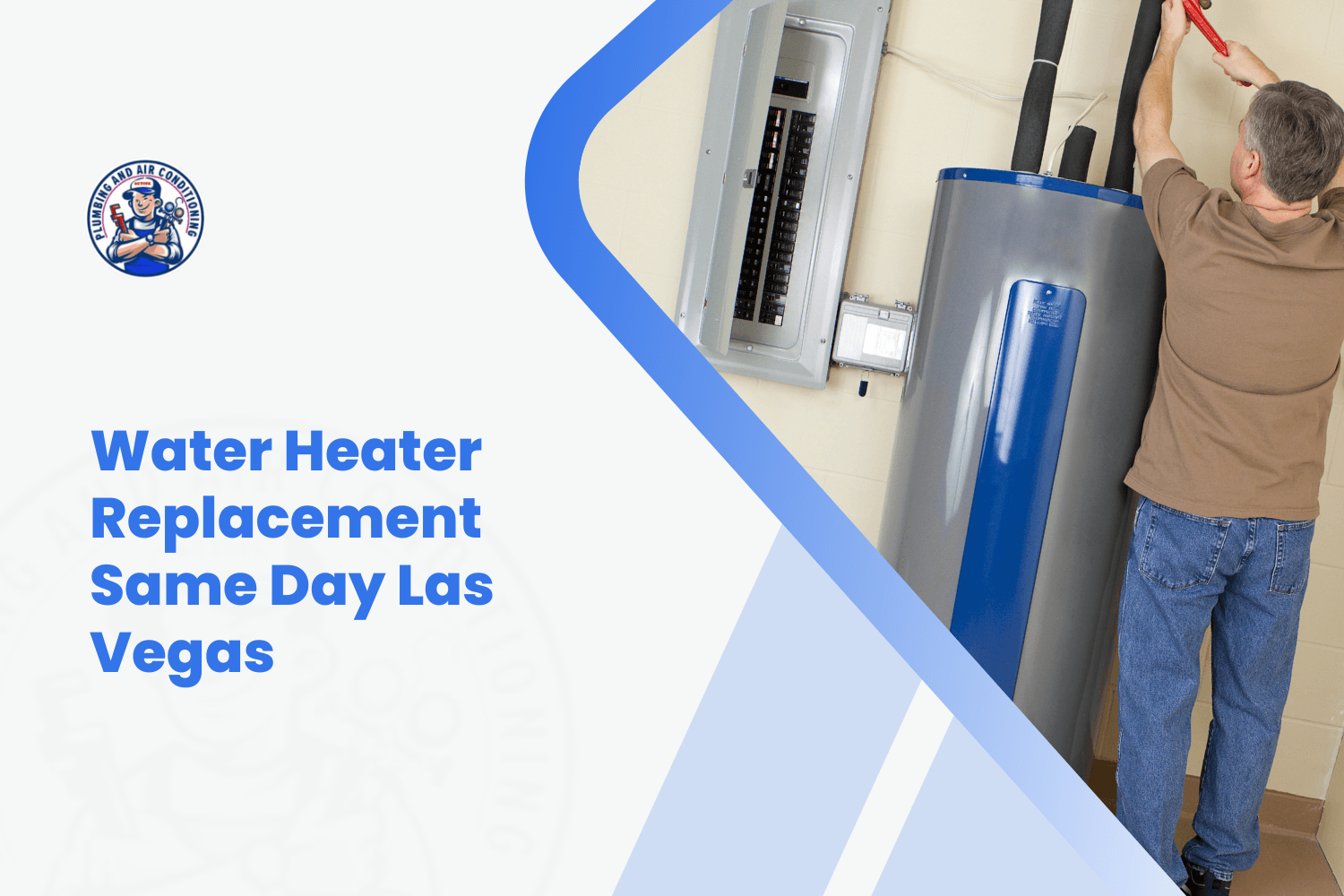 Plumber installing blue electric water heater next to electrical panel in Las Vegas home