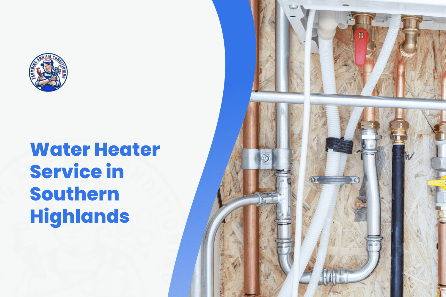 Water heater plumbing system with copper silver and black pipes on wood panel