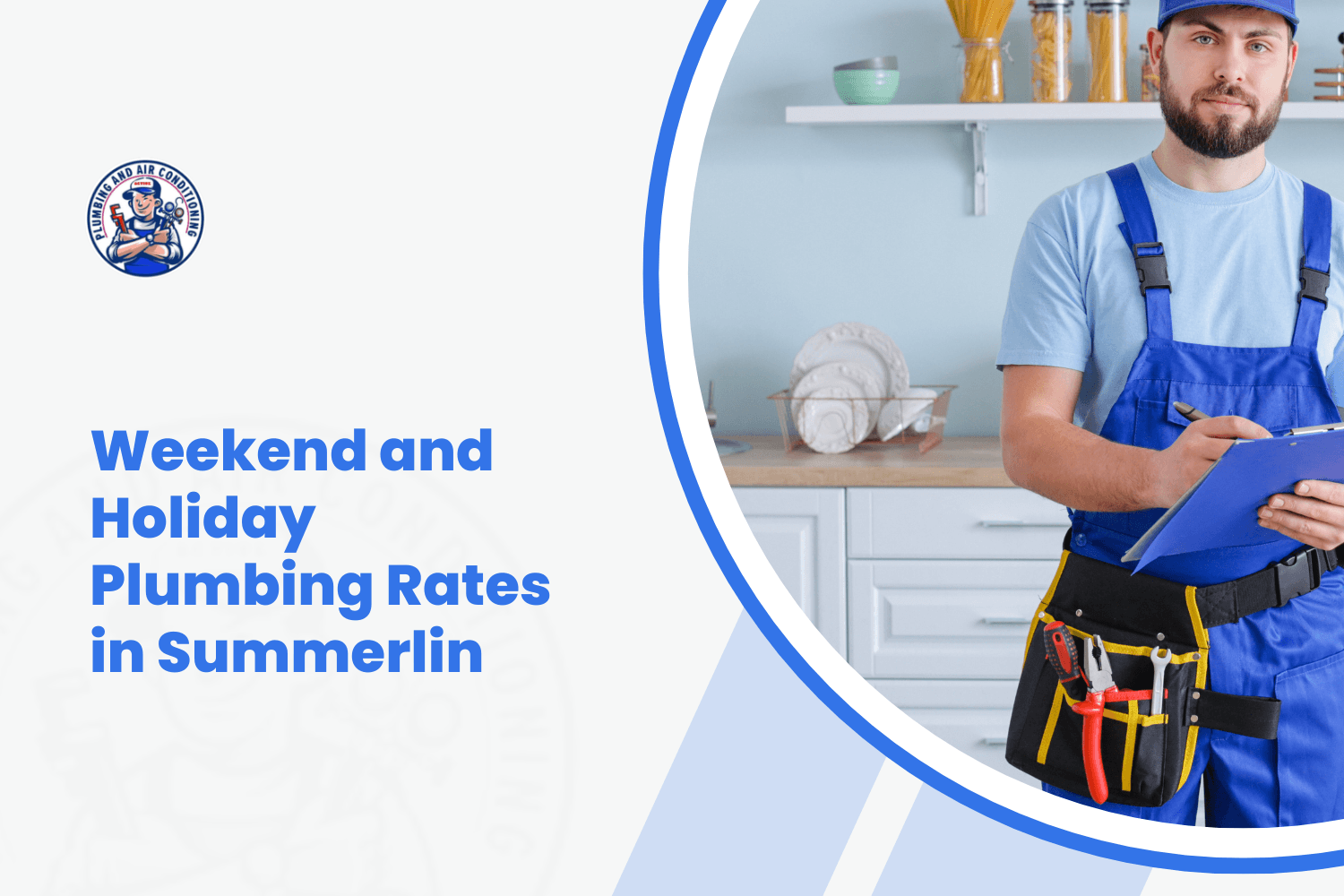 Summerlin plumber in blue overalls holding clipboard and tool belt indoors