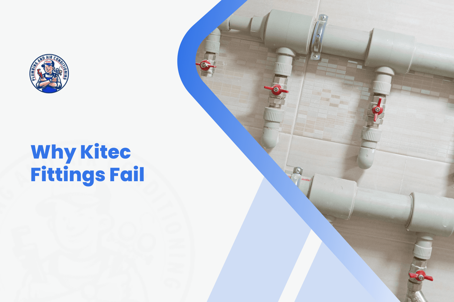 Gray Kitec plumbing pipes with red ball valves mounted on tiled wall